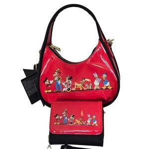 Loungefly Disney Mickey And Friend Walking Patent Vinyl Crossbody Bag  Wallet Nw
